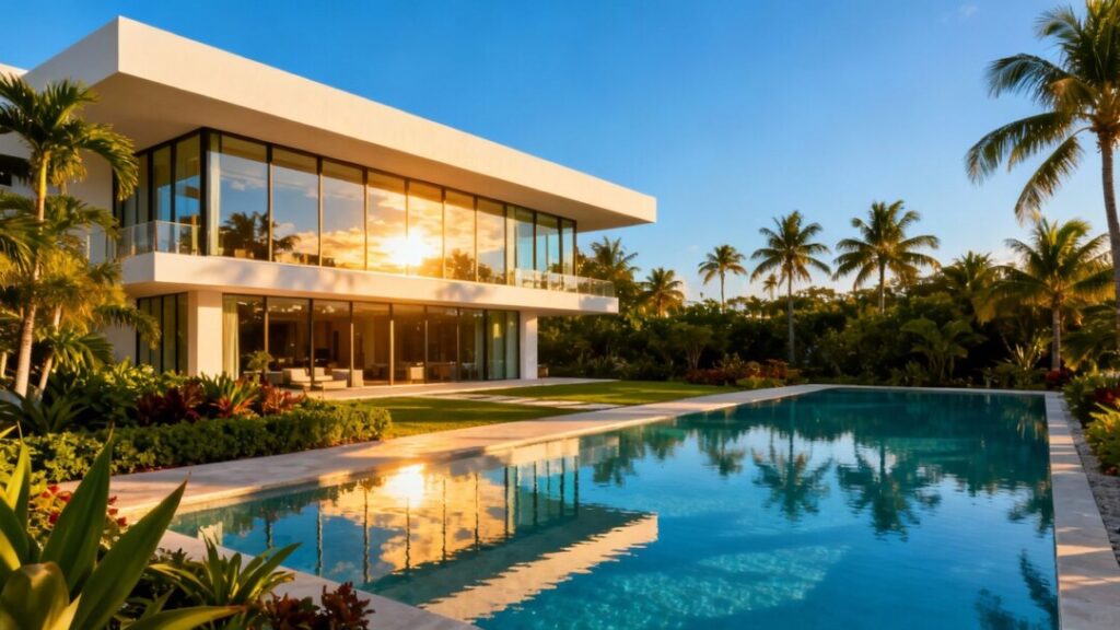 Modern wellness building with pool and palm trees in Miami.