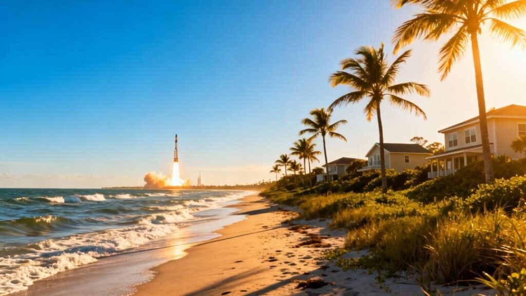 Florida coast with palm trees and rocket launch.