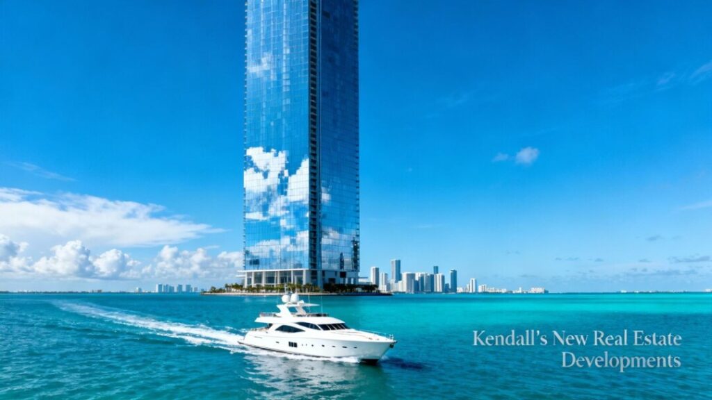 Miami skyline with luxury condo and yacht.