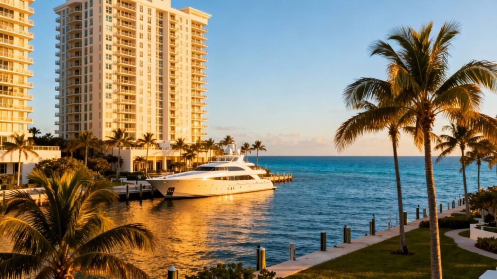 Florida coast with luxury condos and yacht.