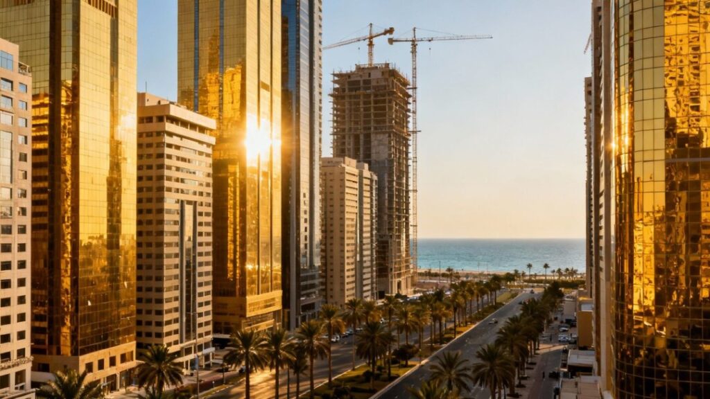 South Florida skyline with skyscrapers and palm trees.