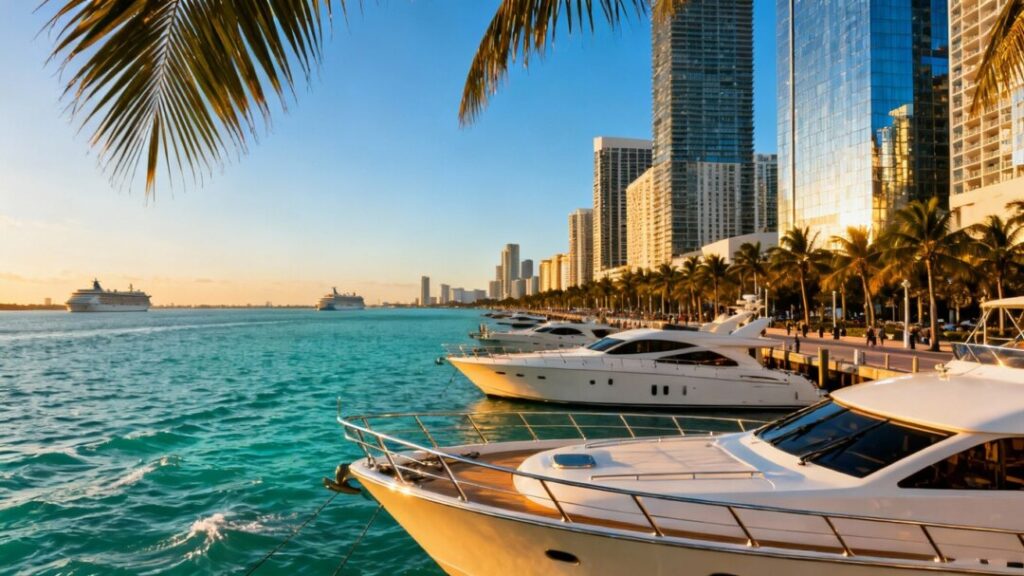 Miami skyline with skyscrapers, palm trees, and yachts.