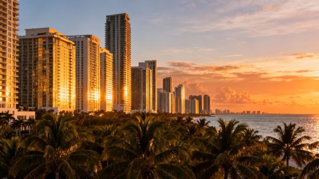 Miami skyline with palm trees and ocean.