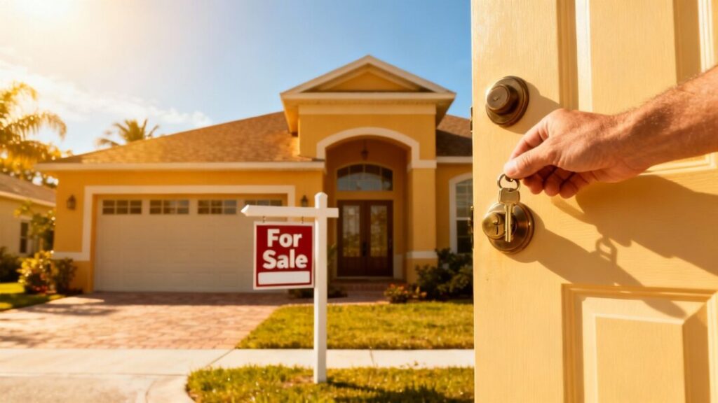 Florida house for sale with key in lock.