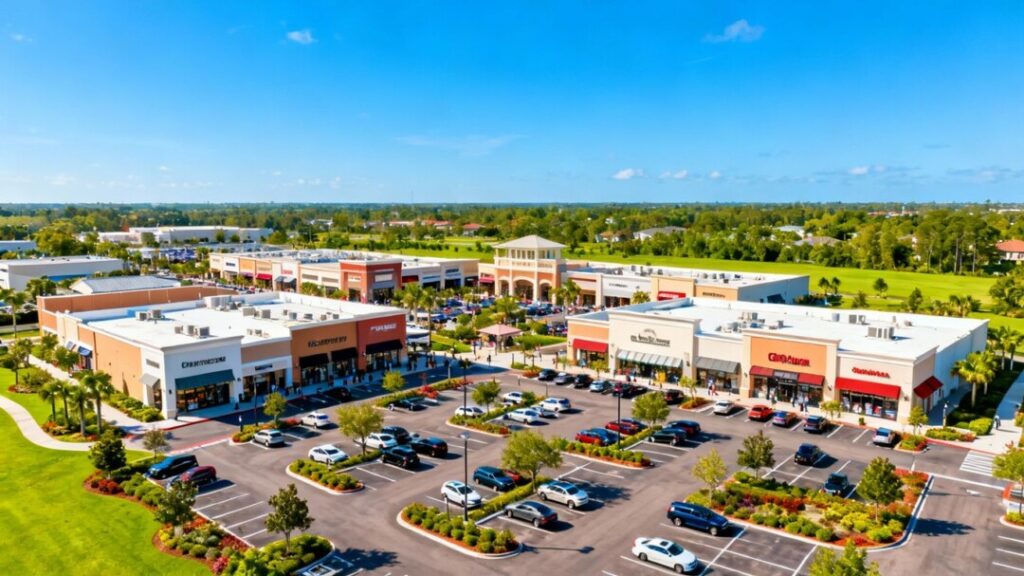 Open-air shopping center with storefronts and parking.