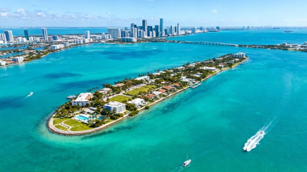 Miami's Watson Island and city skyline aerial view.