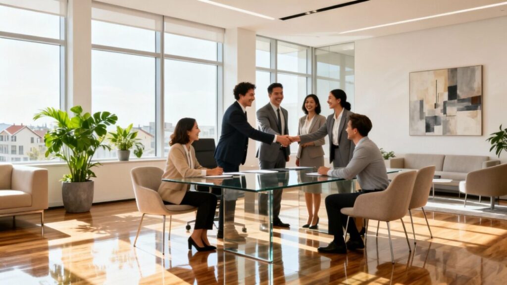 Real estate agents celebrating a new office acquisition.