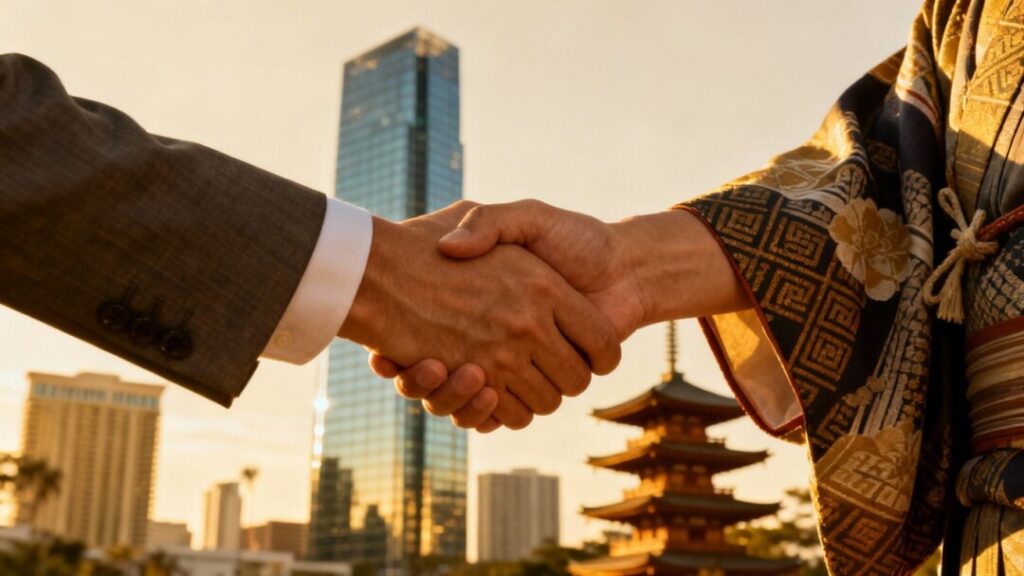 Florida and Japan real estate professionals shaking hands.