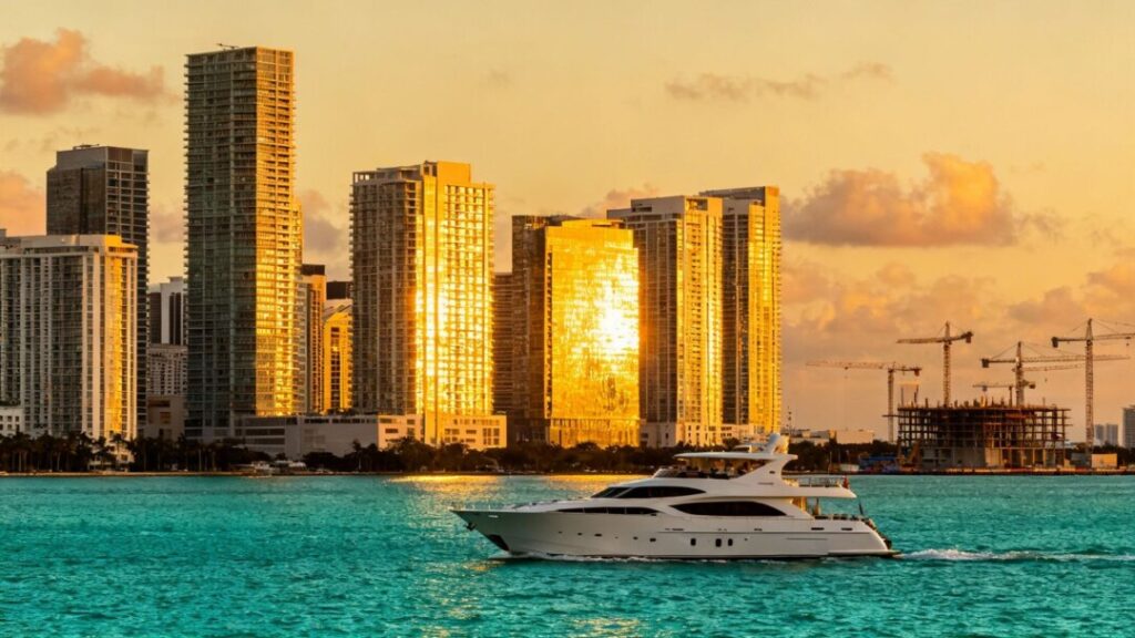 Miami skyline with luxury yachts and construction cranes.
