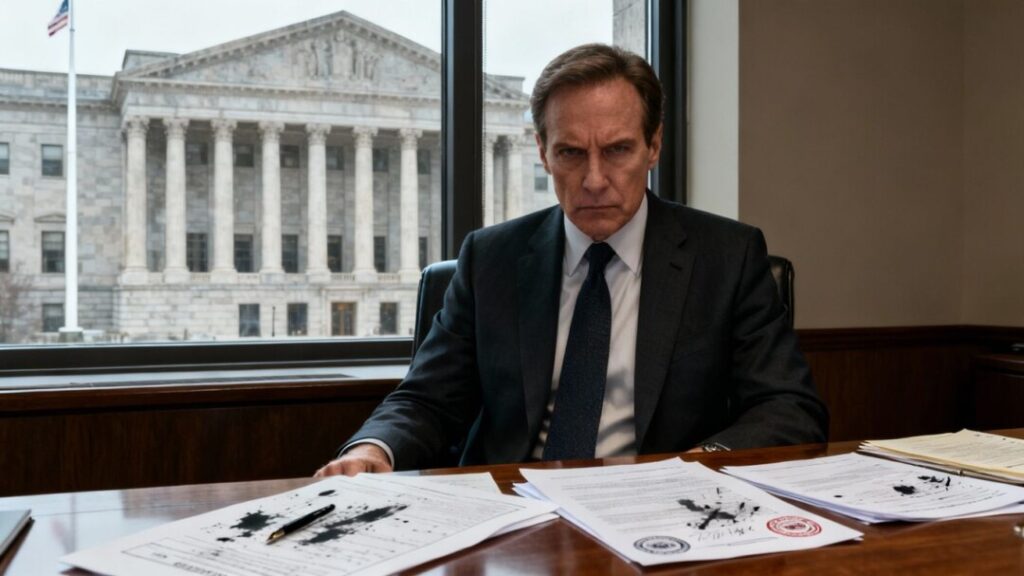 Government building with official at desk, investigation implied.