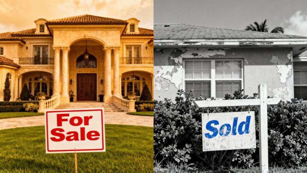 South Florida real estate: luxury mansion and modest home.