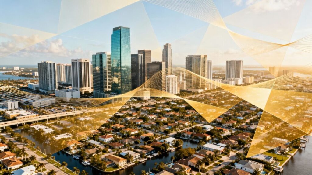 Broward County skyline with interconnected growth elements.
