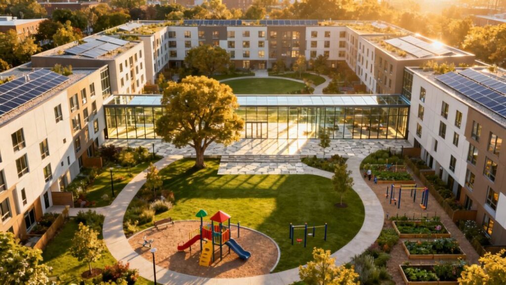 Modern public housing complex with green spaces and new buildings.
