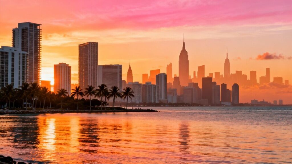 Miami skyline with New York City elements, economic connection.