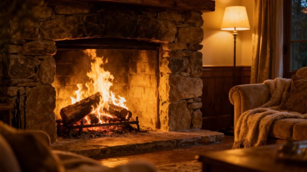 Cozy fireplace with warm, dancing flames.