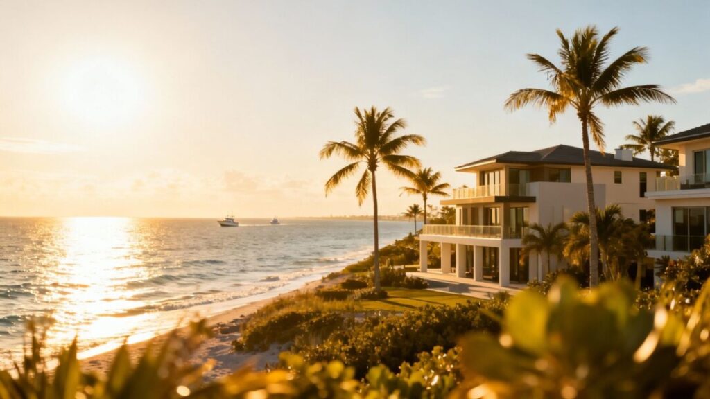 Florida homes and coastline with palm trees and ocean.