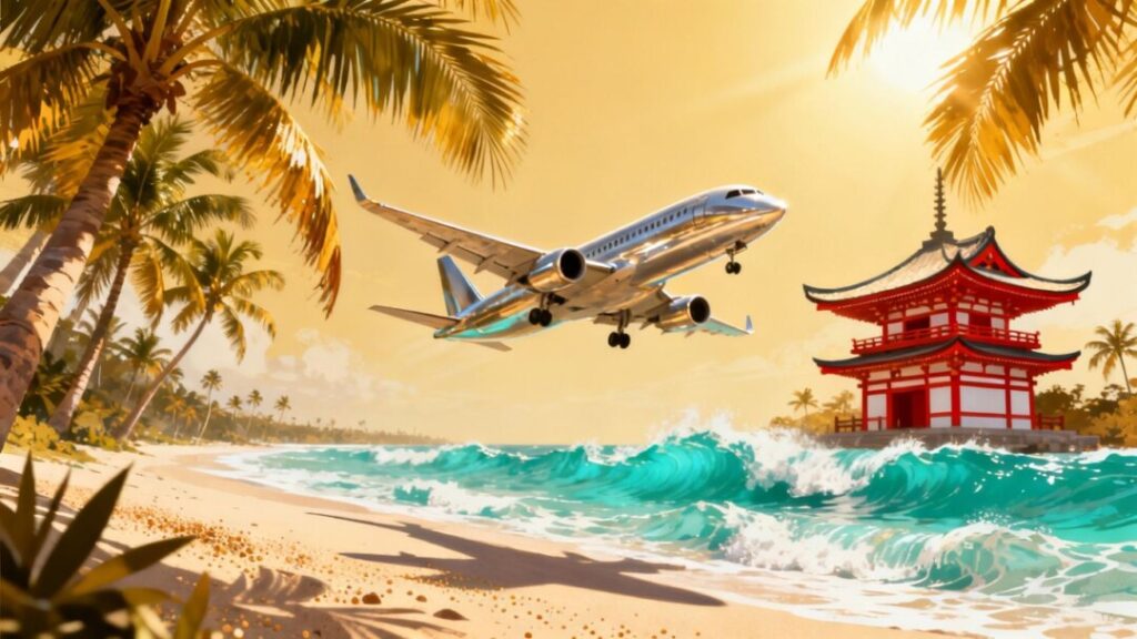 Florida and Japan landmarks with airplane connecting them.