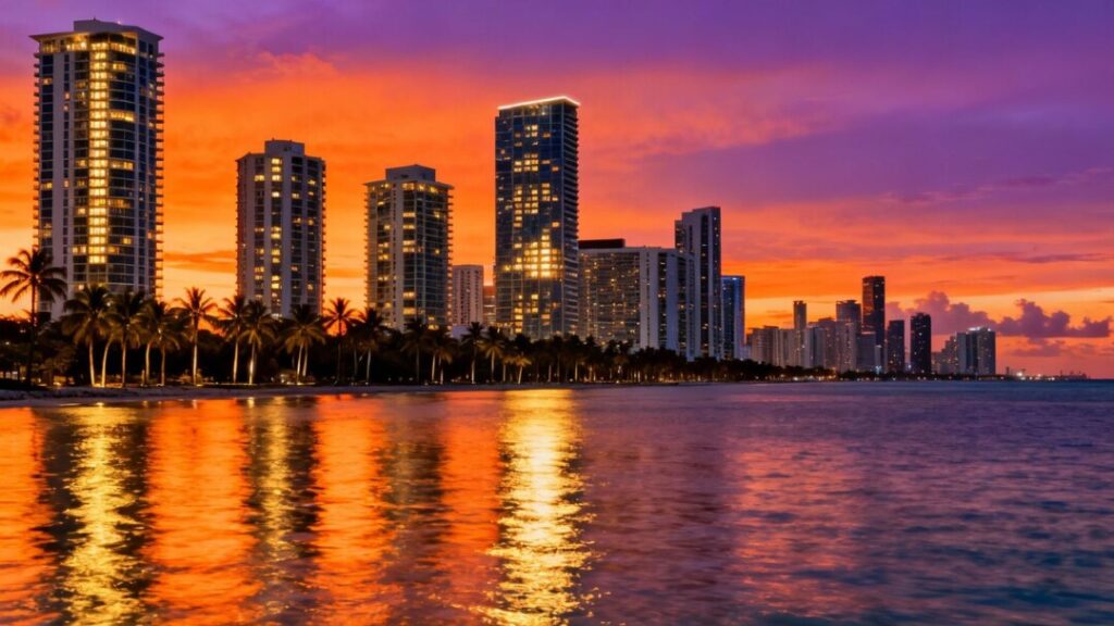 Miami skyline at sunset with modern buildings and ocean.
