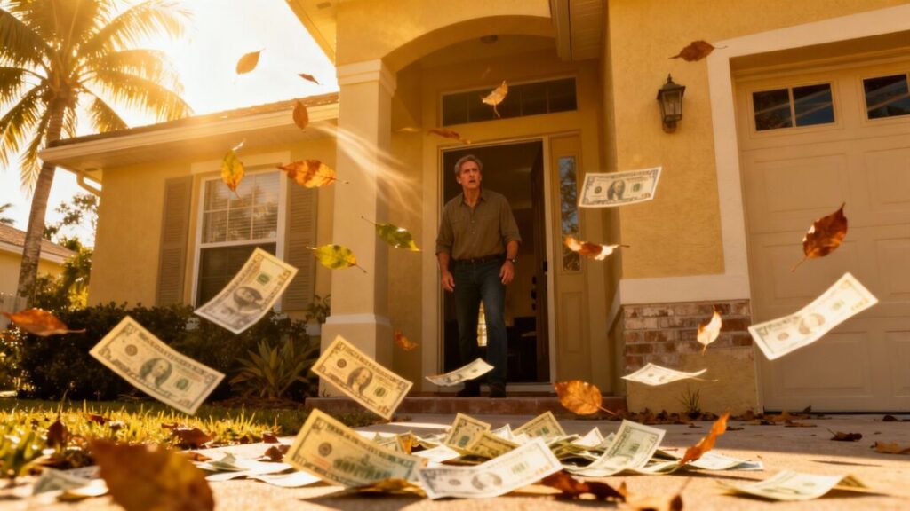 Florida home with falling tax bills and concerned homeowner.