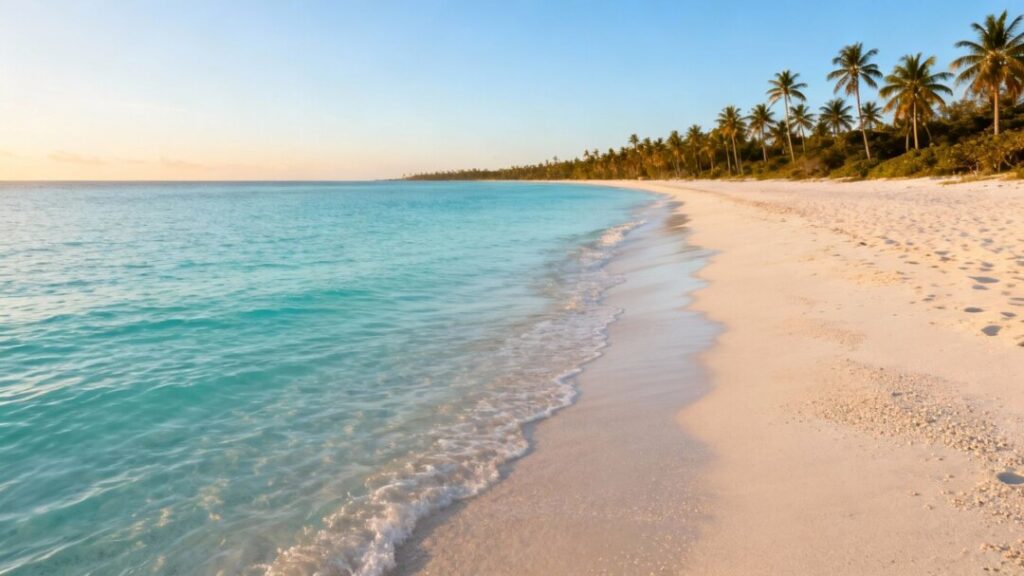 Florida coastline with calm waters and palm trees.