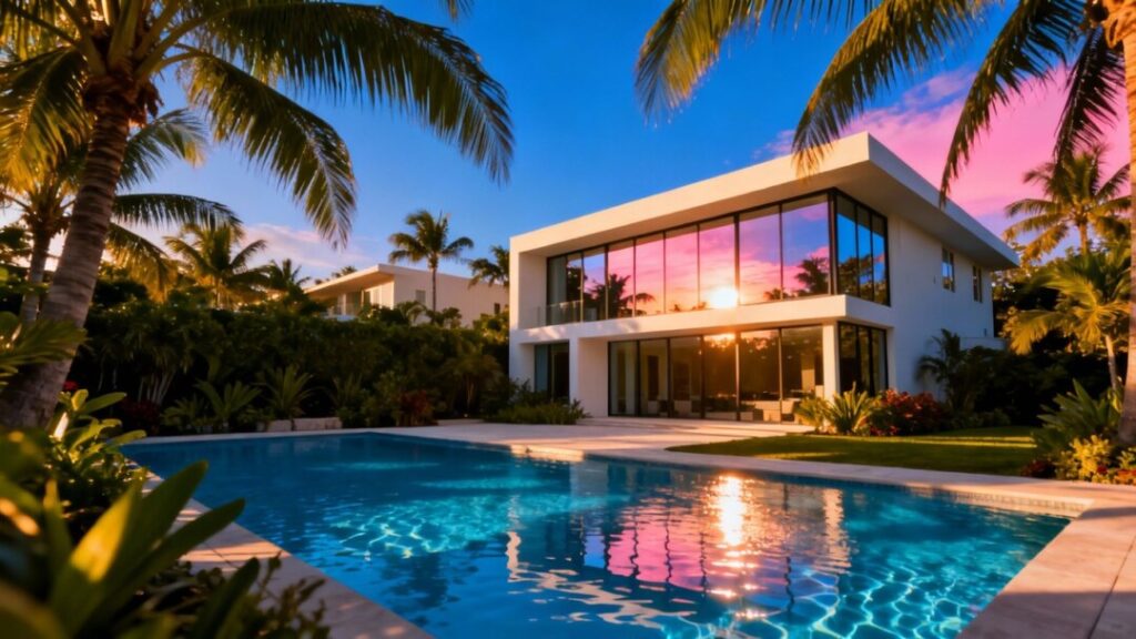 Modern wellness building with pool and palm trees in Miami.
