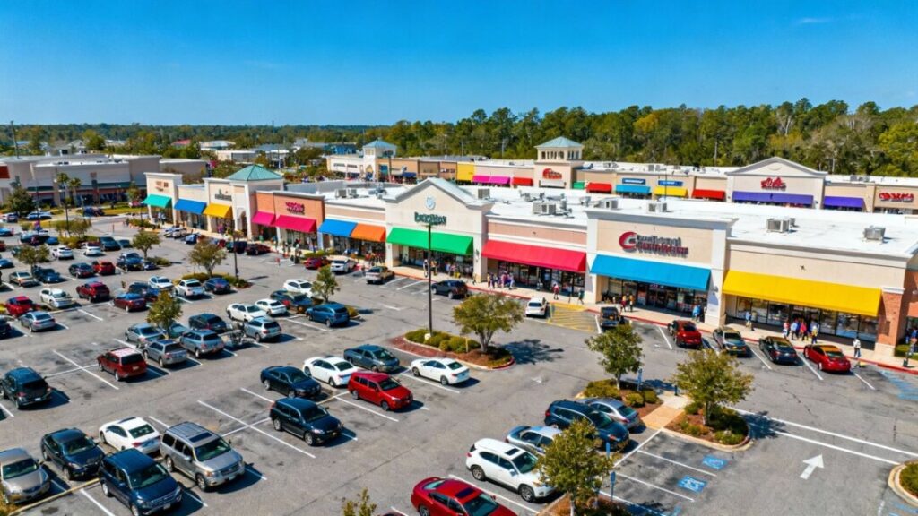Southeast US retail shopping center aerial view.