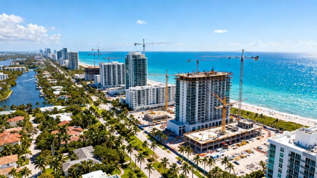 Florida coastline with construction cranes and new buildings.