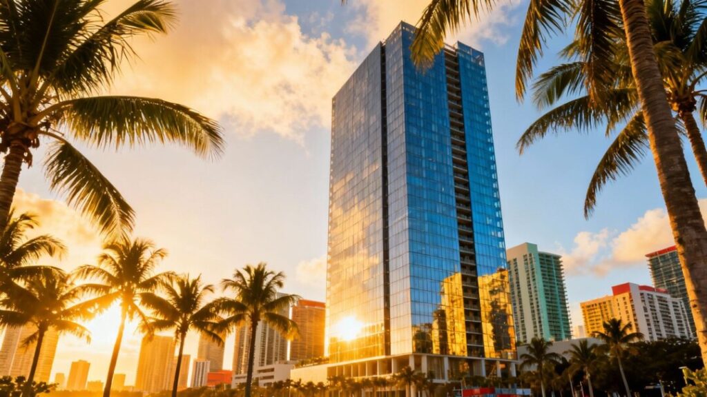 Miami skyline with a modern skyscraper and palm trees.