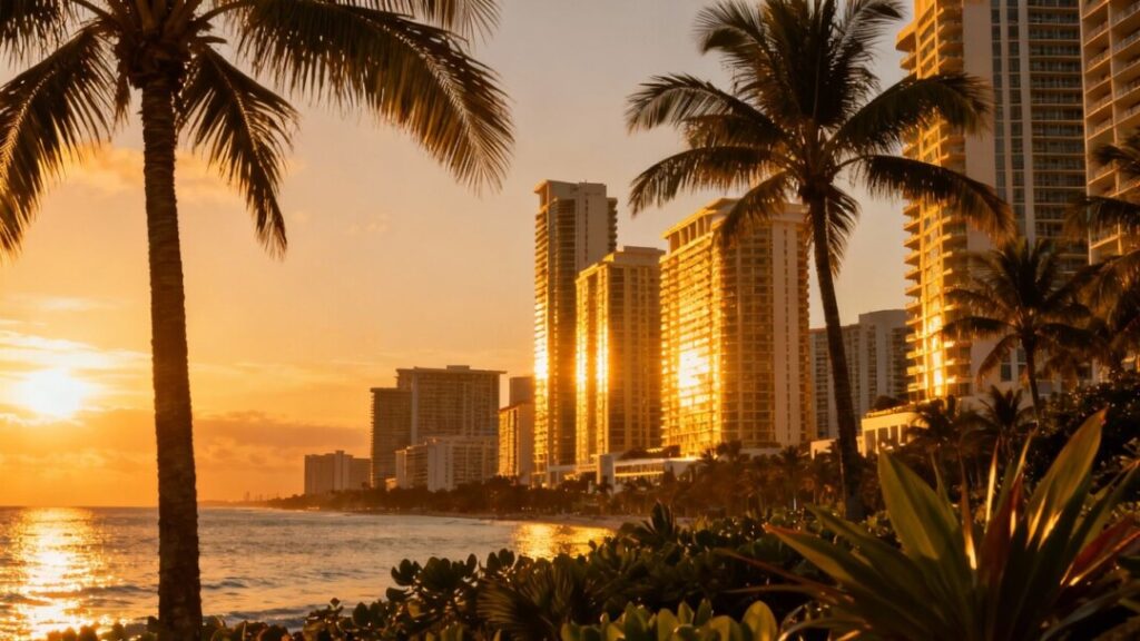 Miami skyline with palm trees and ocean.