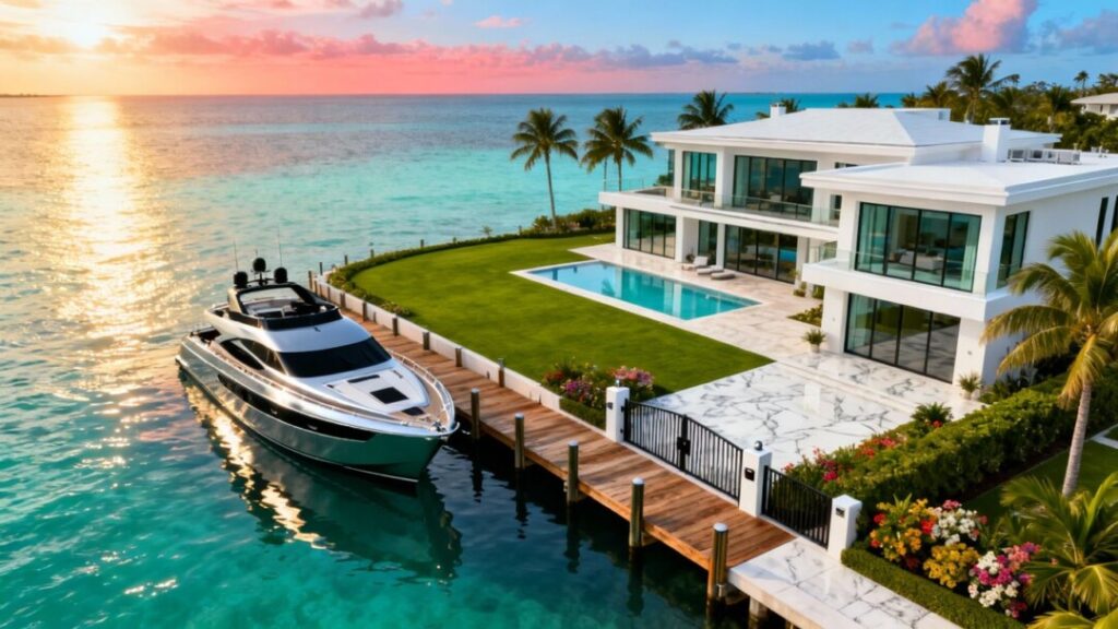 Luxury waterfront mansion with yacht in Palm Beach.