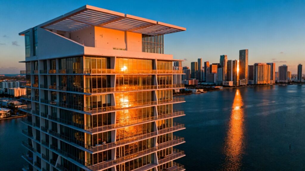 Striking modern waterfront luxury building with distinct architectural features, towering over Biscayne Bay and a vibrant Brickell skyline