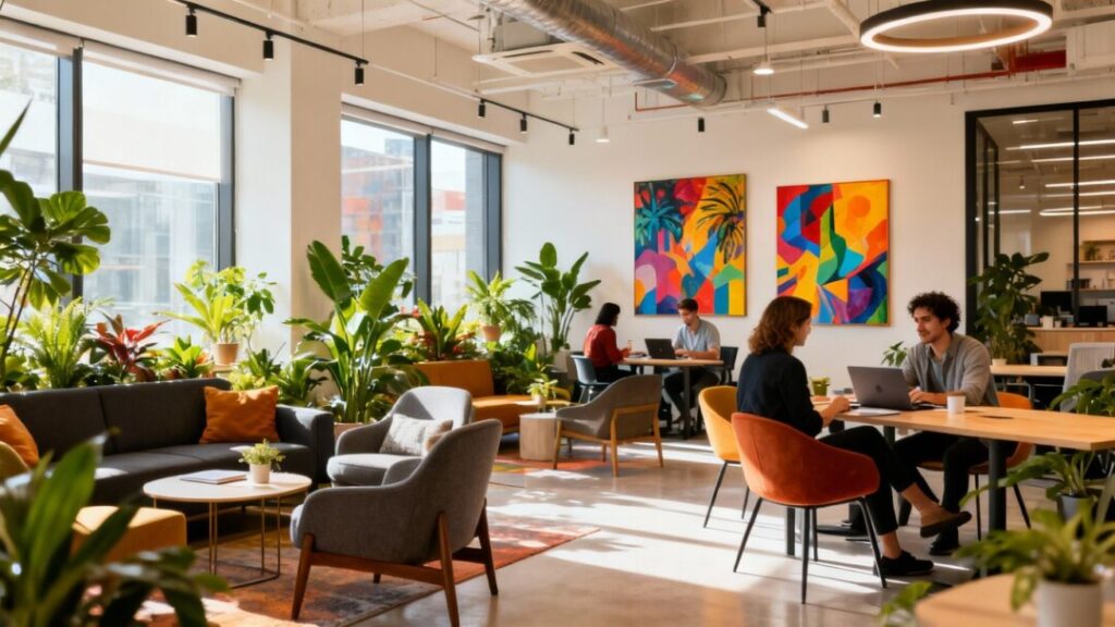 Modern coworking space with plants and art in Wynwood.