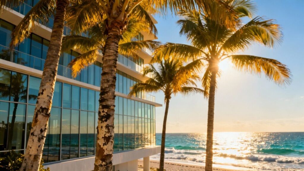 Miami Beach oceanfront with palm trees and modern architecture.