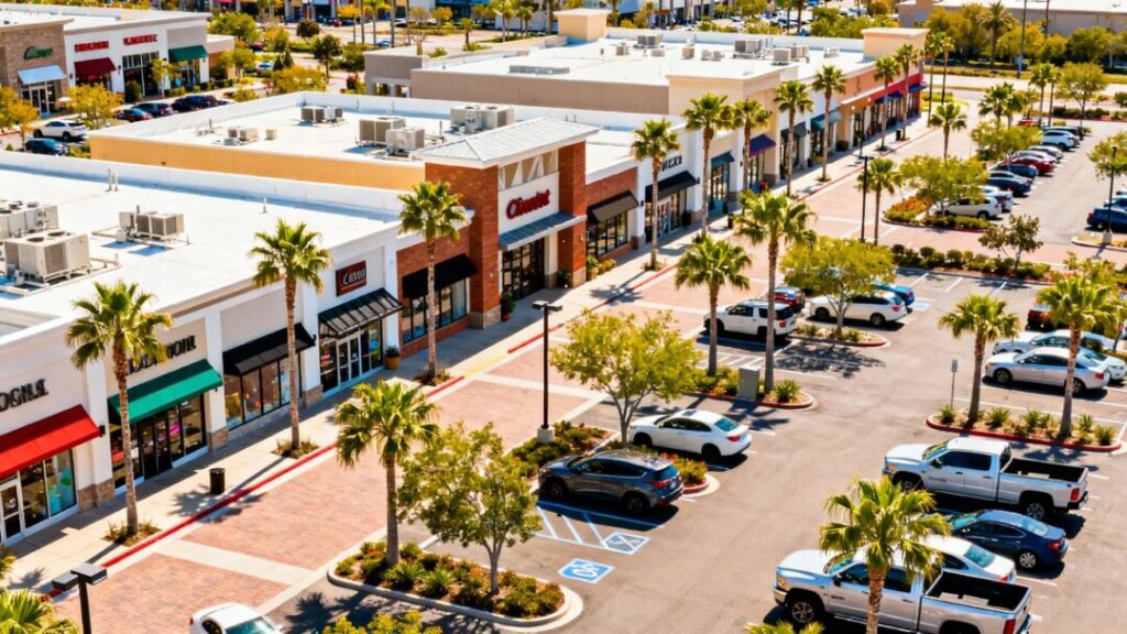 Open-air shopping center with storefronts and palm trees.