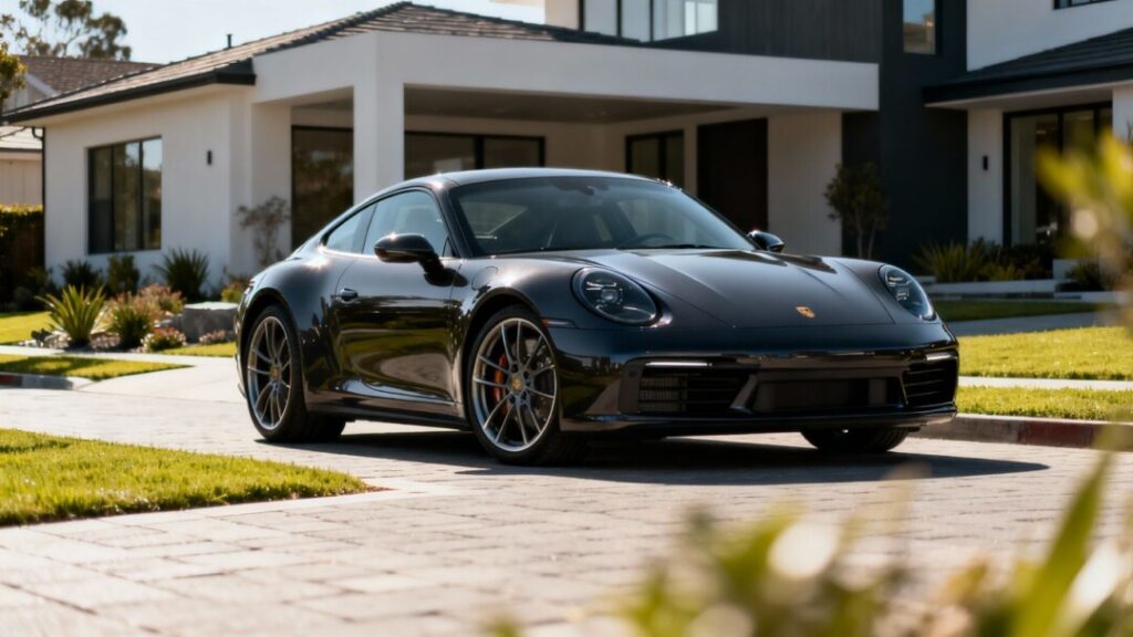 Luxury Porsche parked outside a modern home.