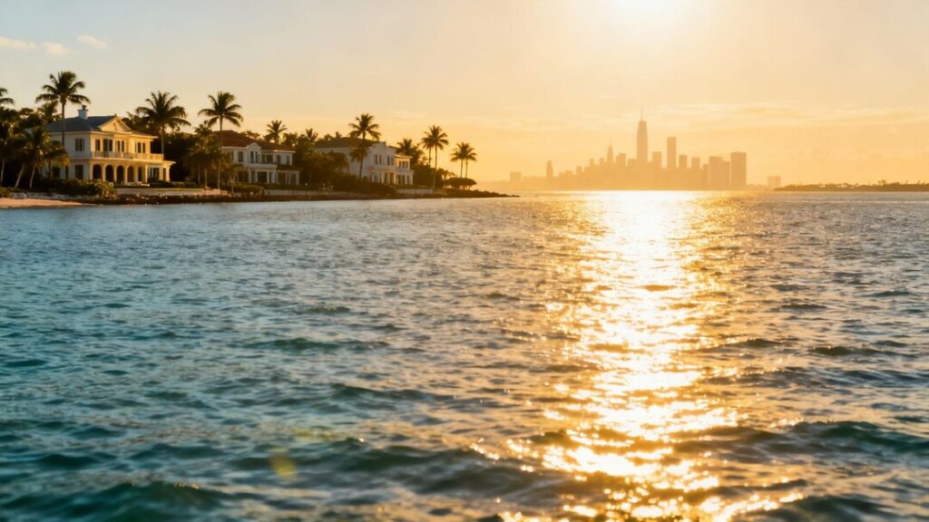 Florida coast with homes, NYC skyline fading.