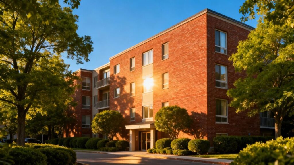 Bristol Plaza apartment building exterior with trees and sunlight.