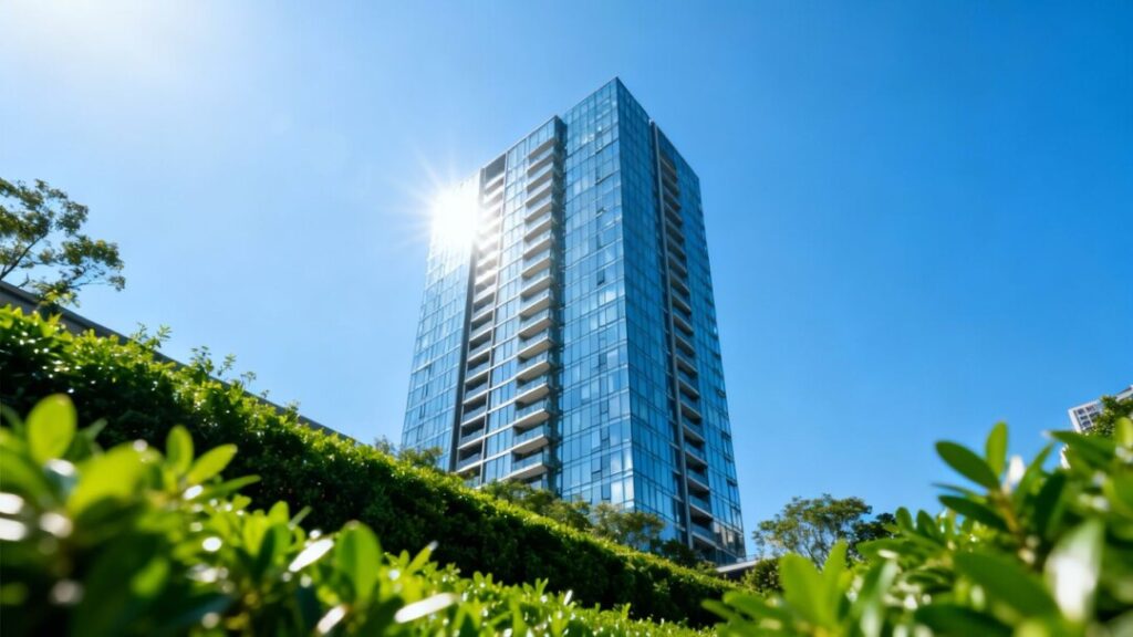 Miami residential tower with glass facade against blue sky.