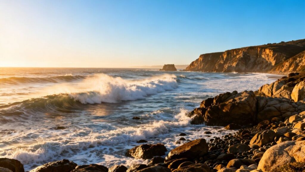 Monterey County coastline with ocean waves and cliffs.