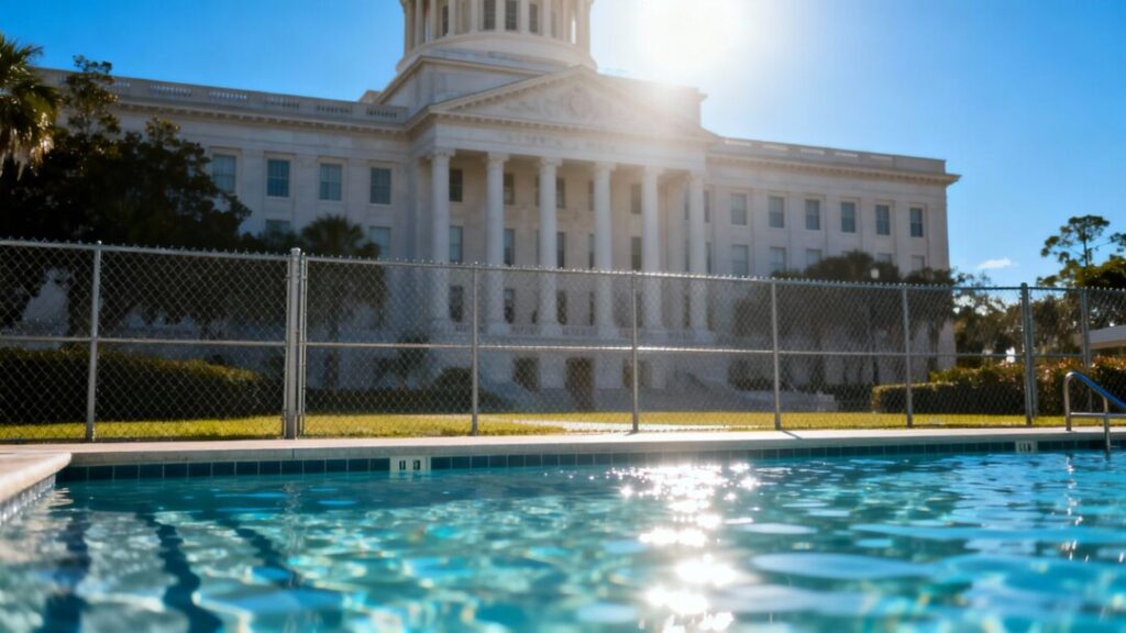 Florida Senate building and a swimming pool.
