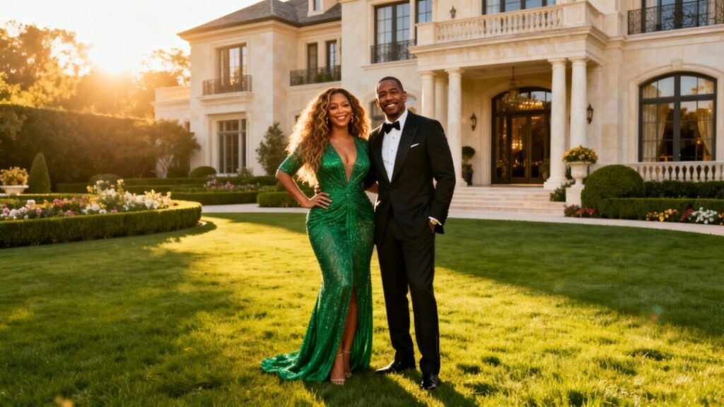 Beyoncé and Jay-Z in front of a grand mansion.