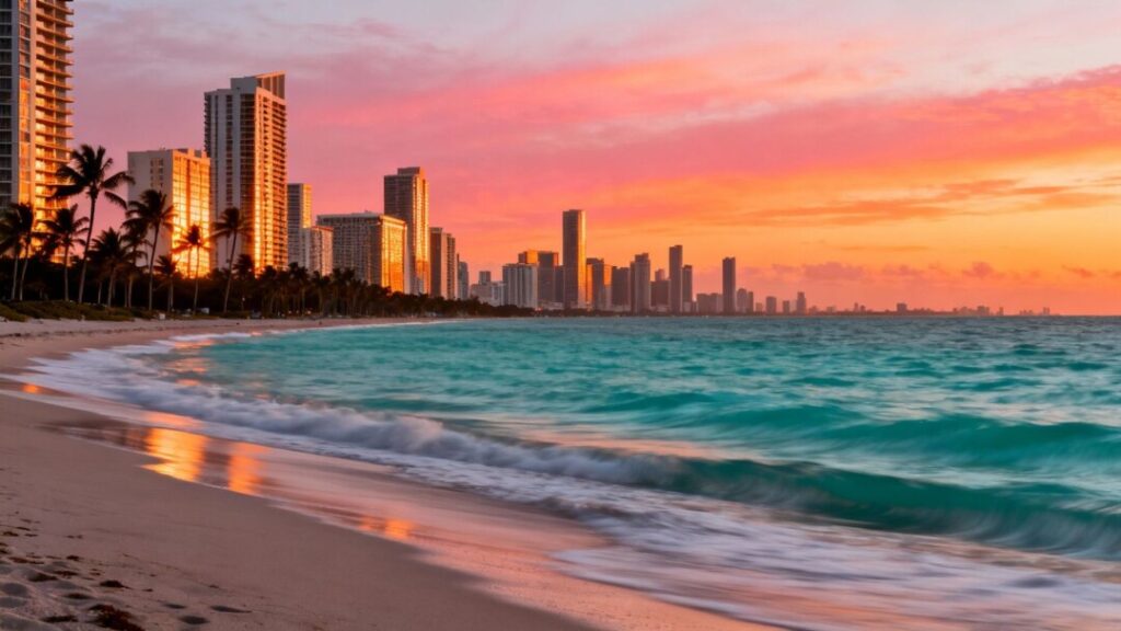 Miami skyline, beach, and palm trees at sunset.