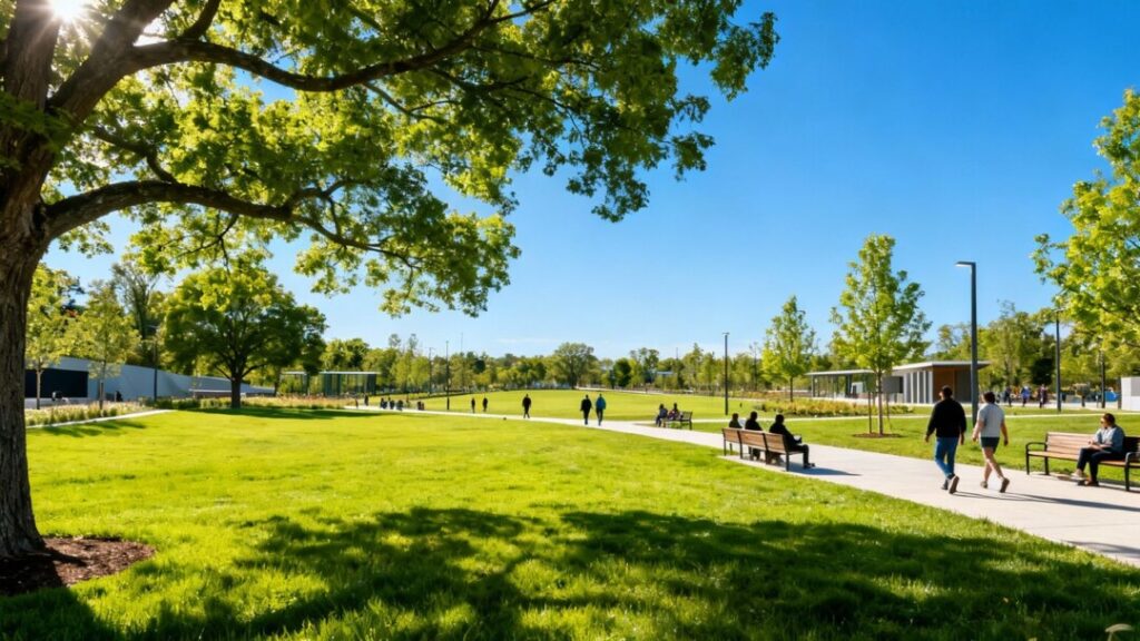 Expanded park with green lawns, trees, and people enjoying the space.