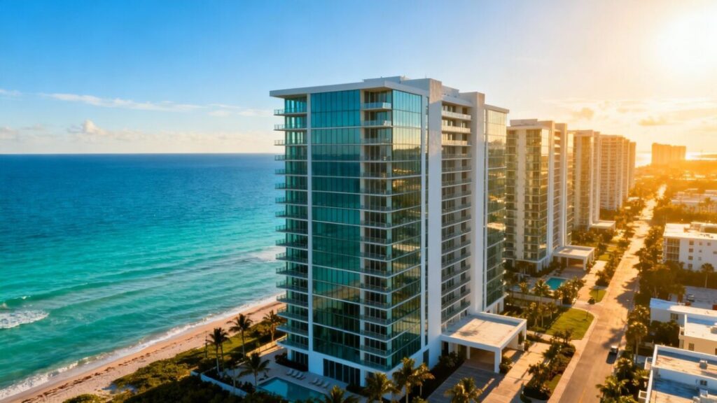 Florida condos by the ocean, sunny day.