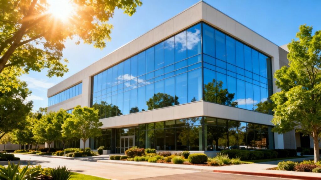 Modern office building exterior with trees and blue sky.