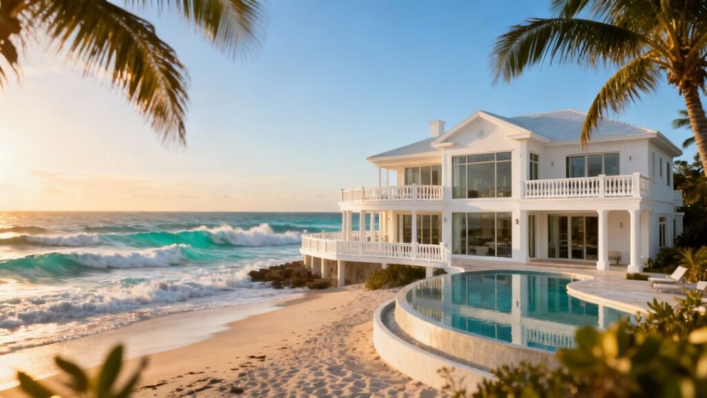 Palm Beach oceanfront estate with white facade on sandy beach.