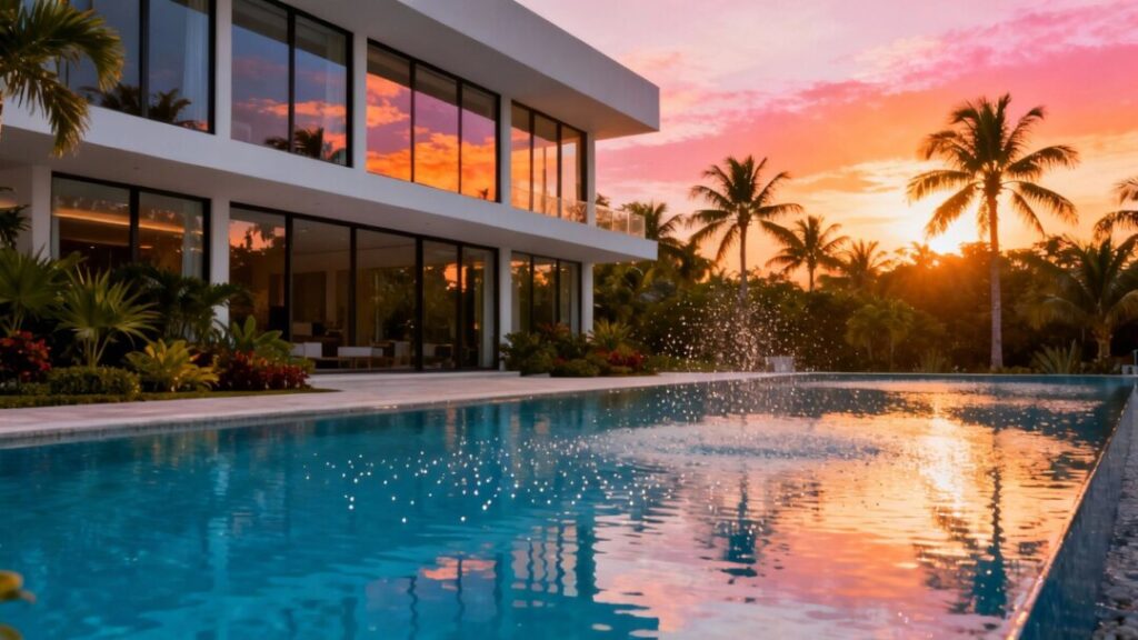 Modern wellness building with pool and palm trees in Miami.