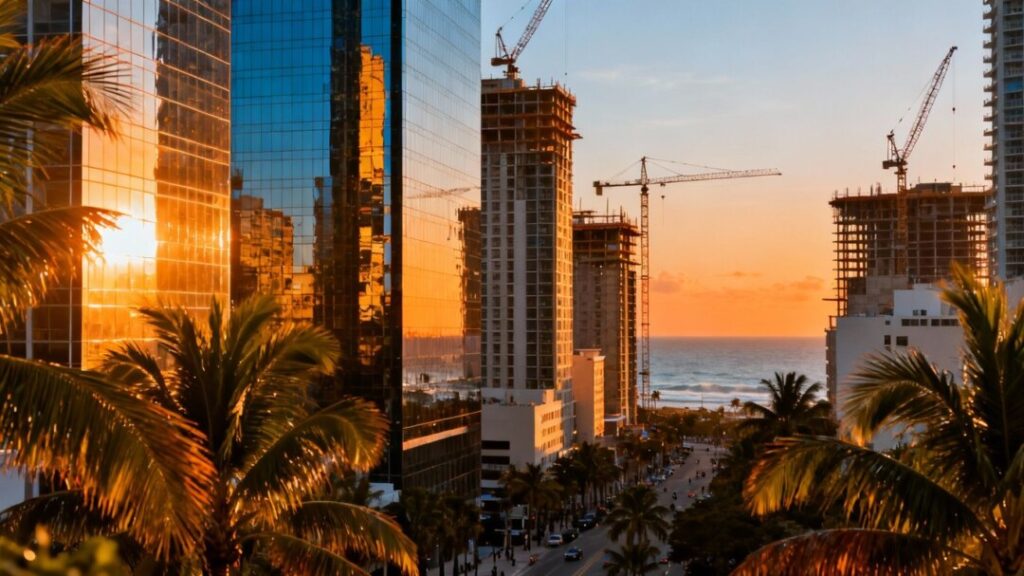 South Florida skyline with skyscrapers and palm trees.