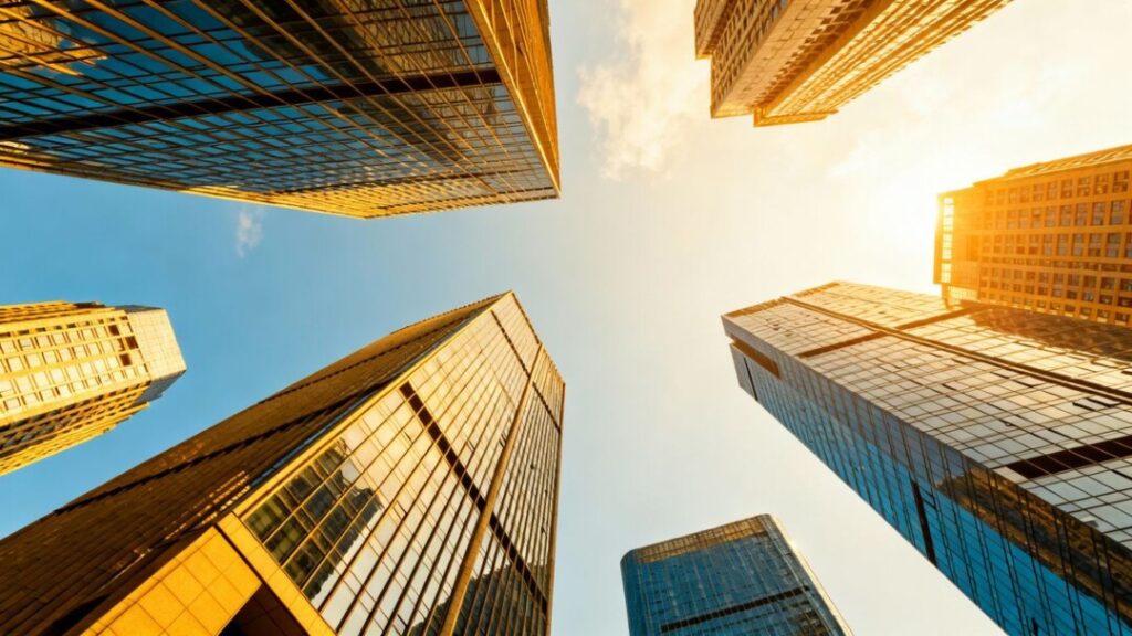 Modern cityscape with skyscrapers suggesting growth and optimism.
