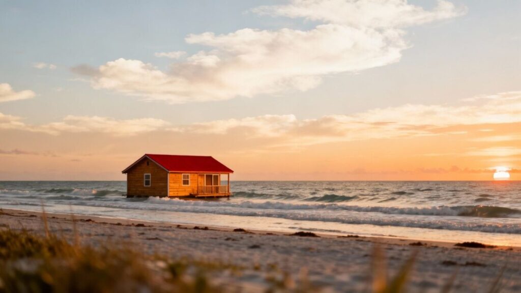 Florida coastline with a house and sunset.
